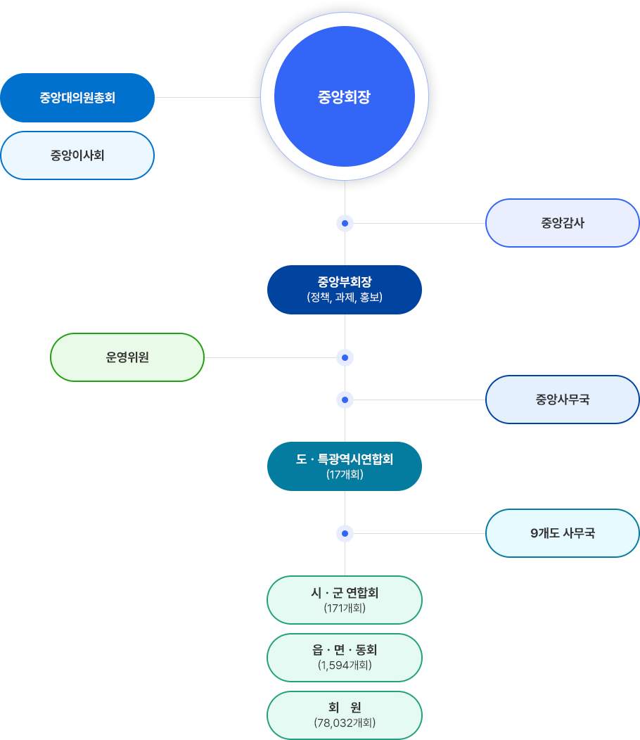 중앙회장, 중앙대의원총회-중앙이사회, 중앙감사, 중앙부회장, 운영위원, 중앙사무국, 도.특광역시연합회, 9개도 사무국, 시.군 연합회, 읍.면.동회, 회
원